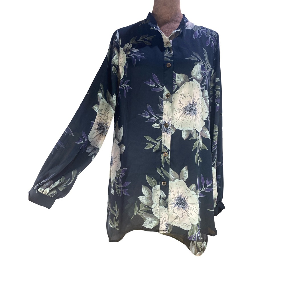 Tahari‎ Womens Black Floral Print High Low Button Down Tunic Blouse Top longline - Picture 4 of 11